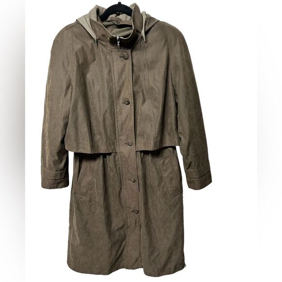 Outbrook Brown Hooded Trench Coat Button Up with Removable Hood 90’s Faux Suede - Picture 1 of 7